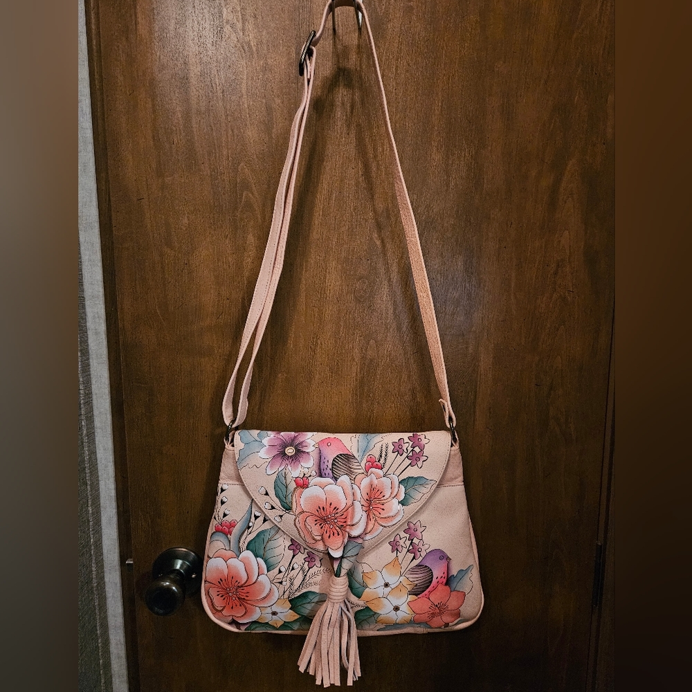 NWT Anna by Anuschka Pink Hand Painted Purse w/ Adjustable Shoulder Strap